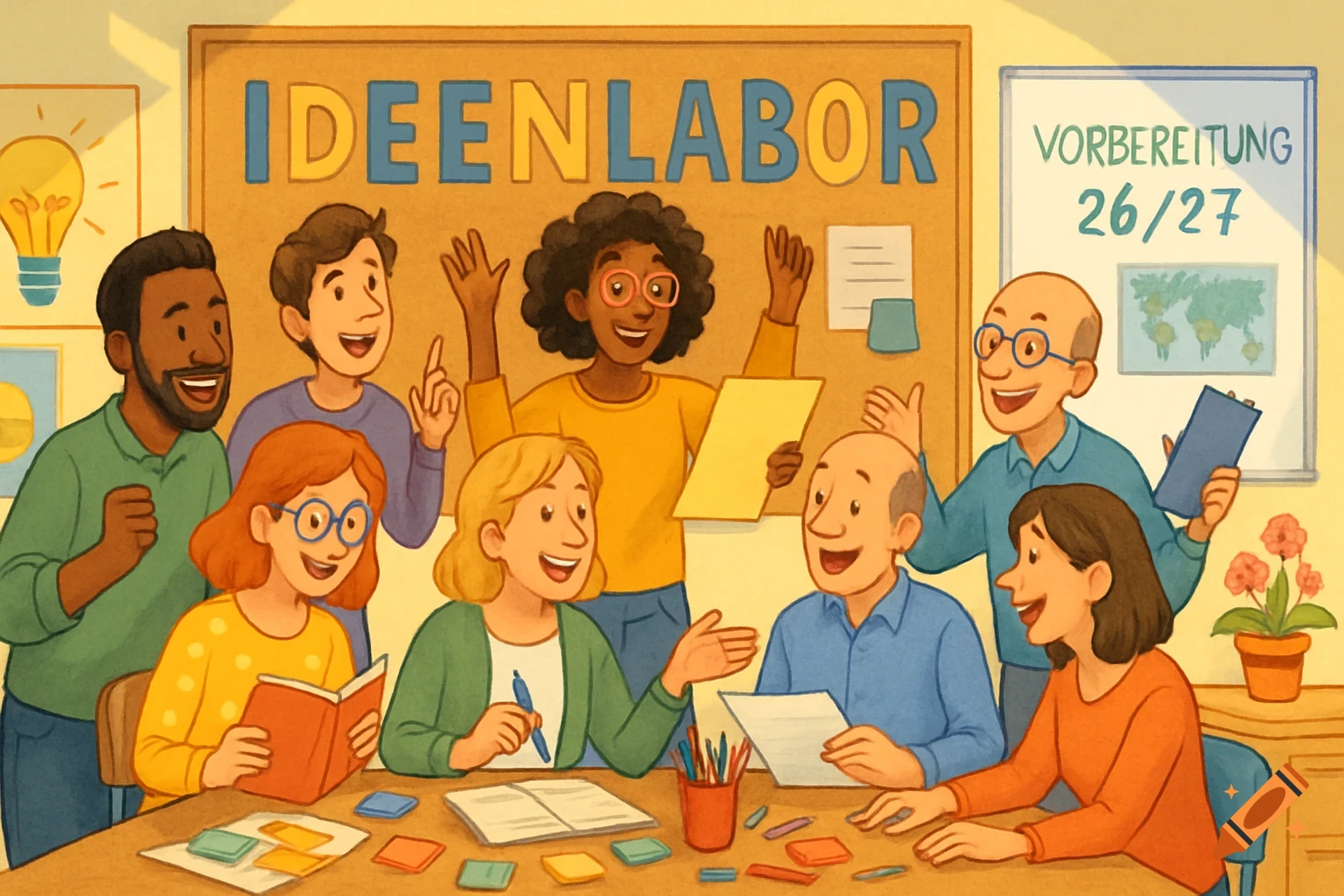 Vibrant illustration of diverse teachers collaborating in a classroom, with 'Ideenlabor' and 'Vorbereitung 26/27' visible.