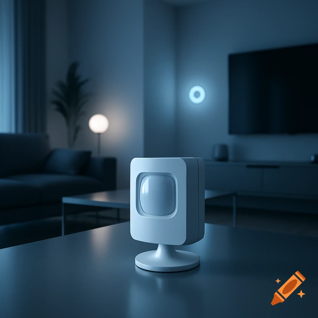 A white smart light sensor sits on a table in a modern, dimly lit living room with blue ambient lighting.