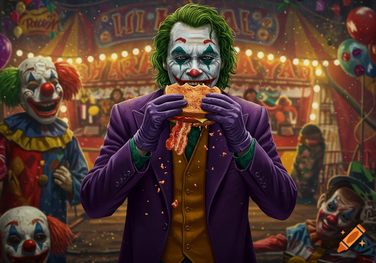 The Joker in a purple suit and clown makeup messily eats a bacon sandwich at a vibrant carnival with other clowns in the background, digital art.
