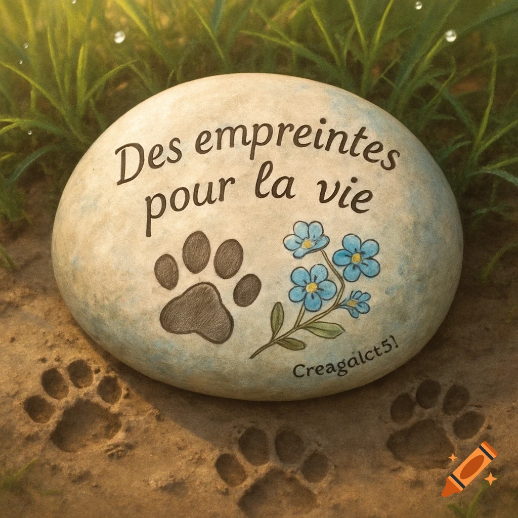 A painted memorial stone with "Des empreintes pour la vie" (Footprints for life) and paw prints. A small signature "Creagalct51" is at the bottom right. The stone is in dirt with green grass and paw print indentations.