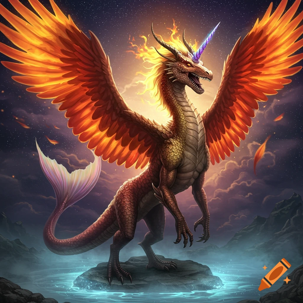 A majestic mythological creature, a dragon with fiery phoenix wings, a glowing unicorn horn, and a mermaid tail, stands on a rock under a starry sky.