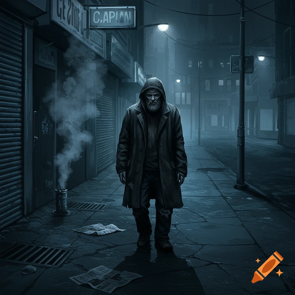 A man in a hooded coat and long jacket walks down a dark, misty city street at night, with closed shops and streetlights.