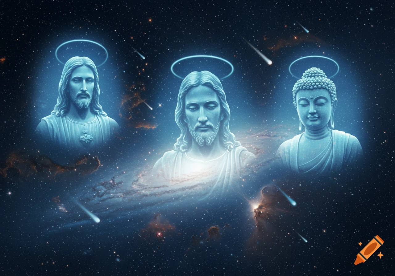 Two glowing blue busts of Jesus and one of Buddha float in deep space among stars, nebulas, and shooting comets.