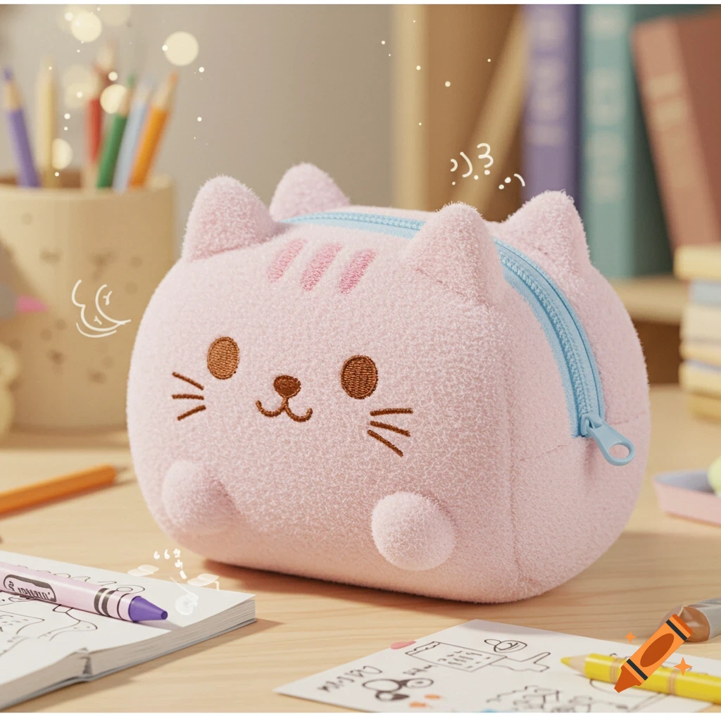 A fluffy pink cat-shaped pencil case with a light blue zipper, sitting on a wooden desk with school supplies in a bright, soft-focus setting.