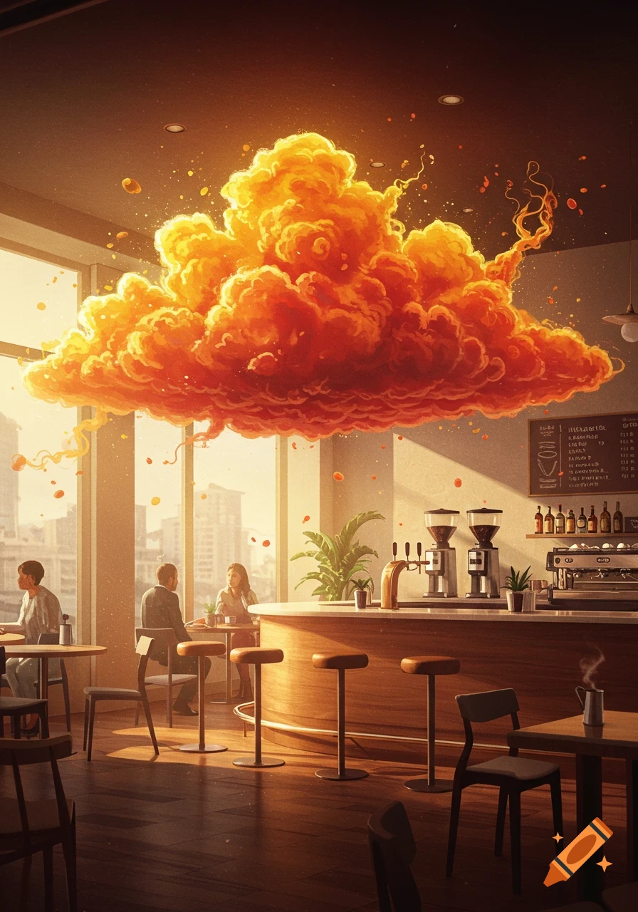 A vibrant orange-gold cloud hangs above the counter in a modern sunlit coffee shop with people seated and a city view.