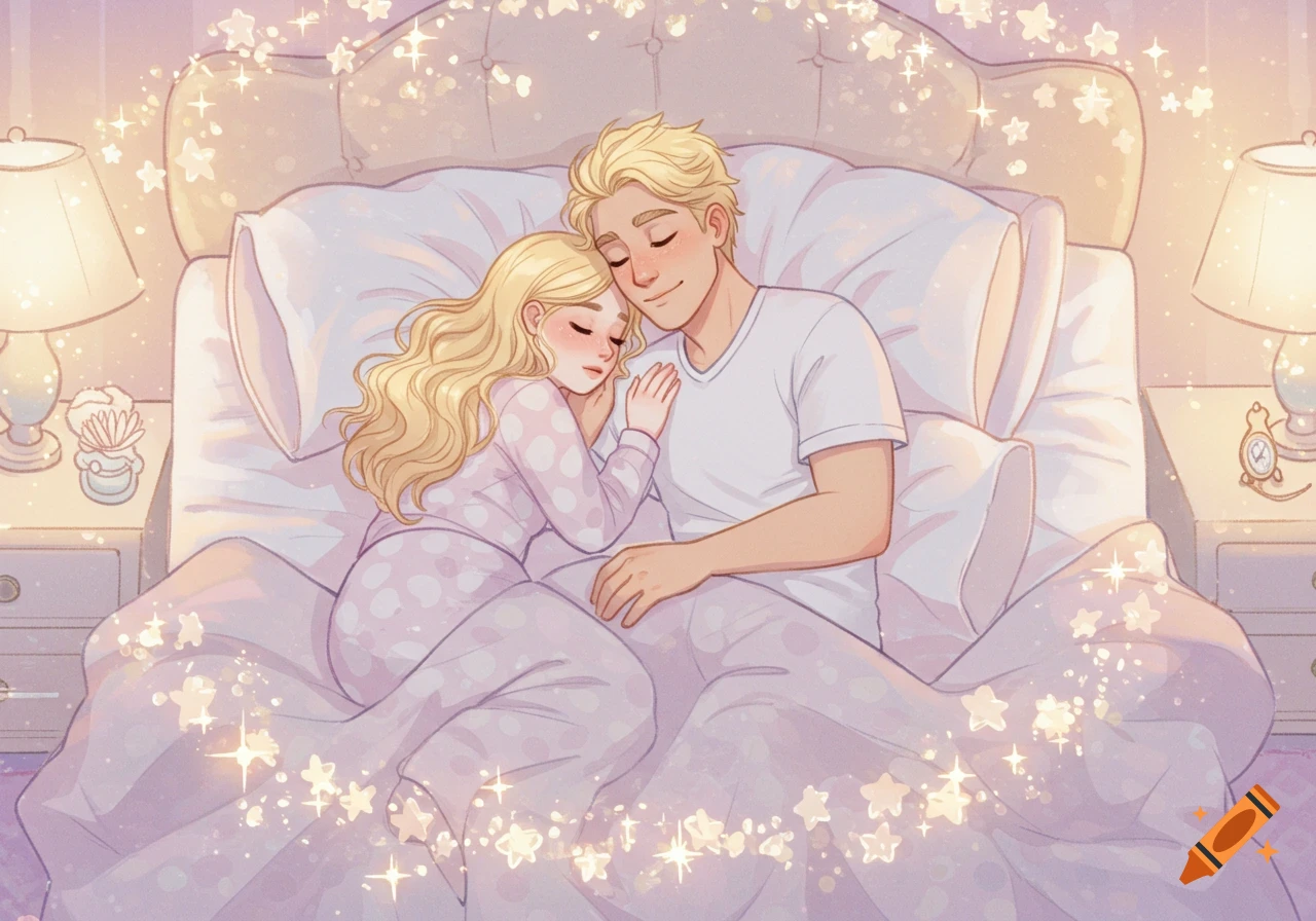 A blonde man and woman snuggle in bed, eyes closed, surrounded by sparkling stars, in a pastel Pixar-style illustration.
