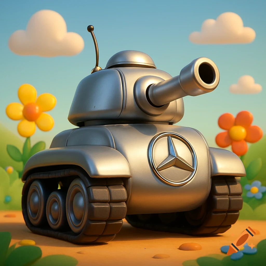 A shiny silver cartoon tank with a Mercedes-Benz logo on its front, set in a bright, whimsical landscape with flowers and clouds.
