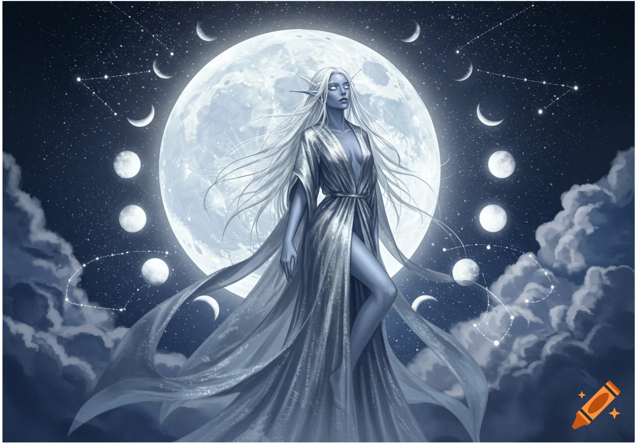An ethereal elf-like woman with long white hair stands before a large full moon, surrounded by moon phases and constellations in a night sky.