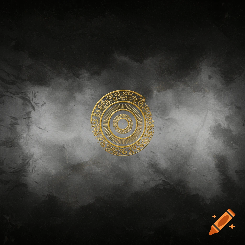 An intricate golden circular pattern, resembling a mandala, centered on a textured dark and gray ink wash background.
