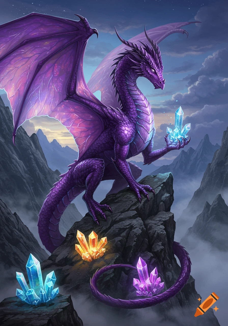 A vibrant purple dragon with large wings sits on a rocky mountain peak, holding a glowing blue crystal. Other colorful crystals are scattered nearby in a cloudy, mystical landscape.
