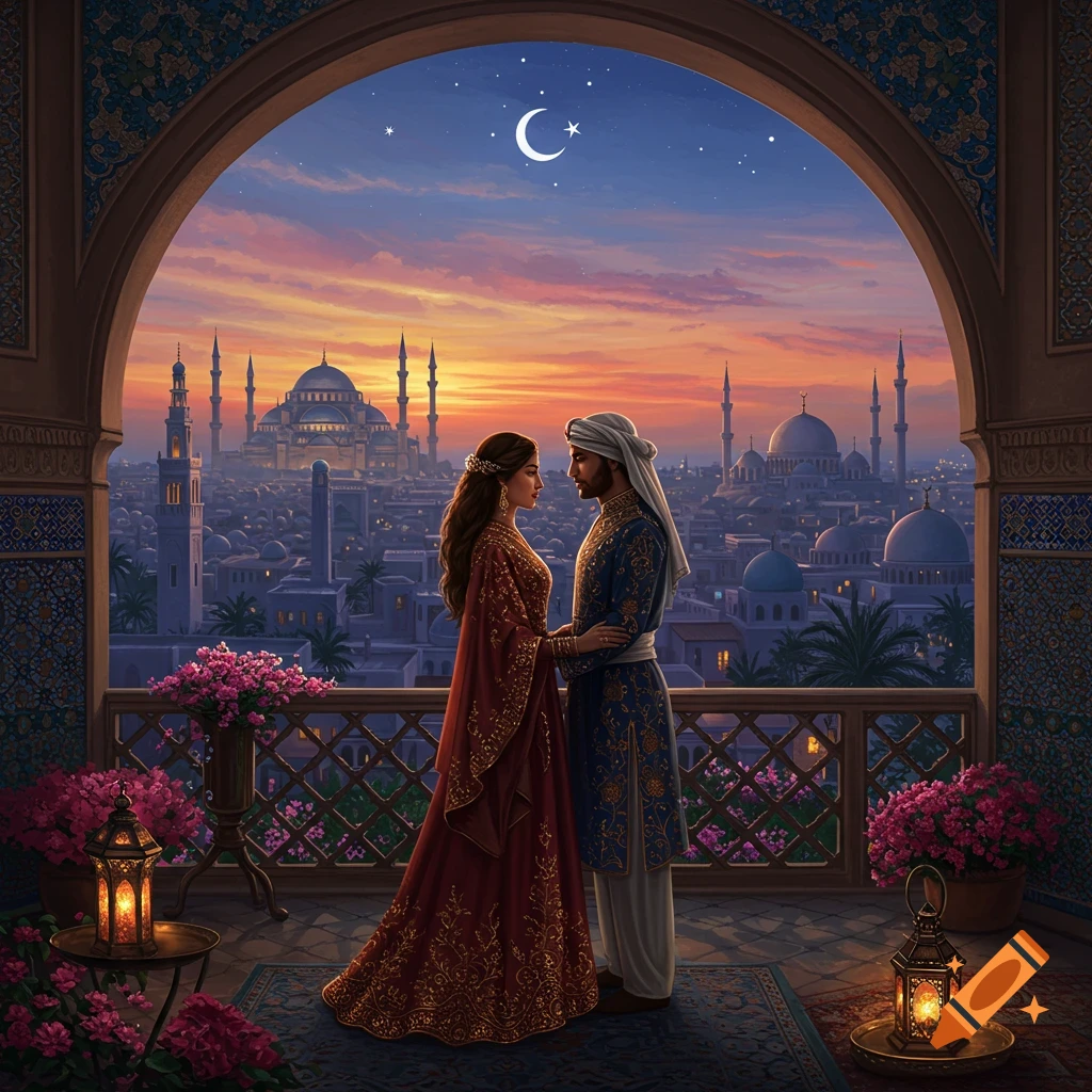 A romantic Middle Eastern couple on a balcony, hand-in-hand, overlooking a city of domes and minarets at sunset.