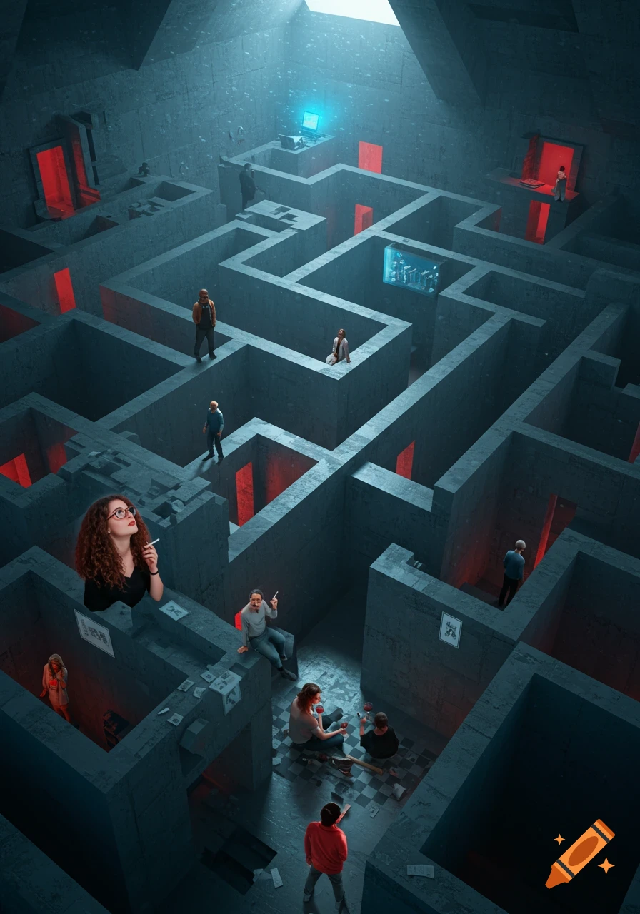 Hyperrealistic cinematic illustration of a vast, grey concrete maze from a bird's-eye view, with small figures, red doors, and blue lighting.