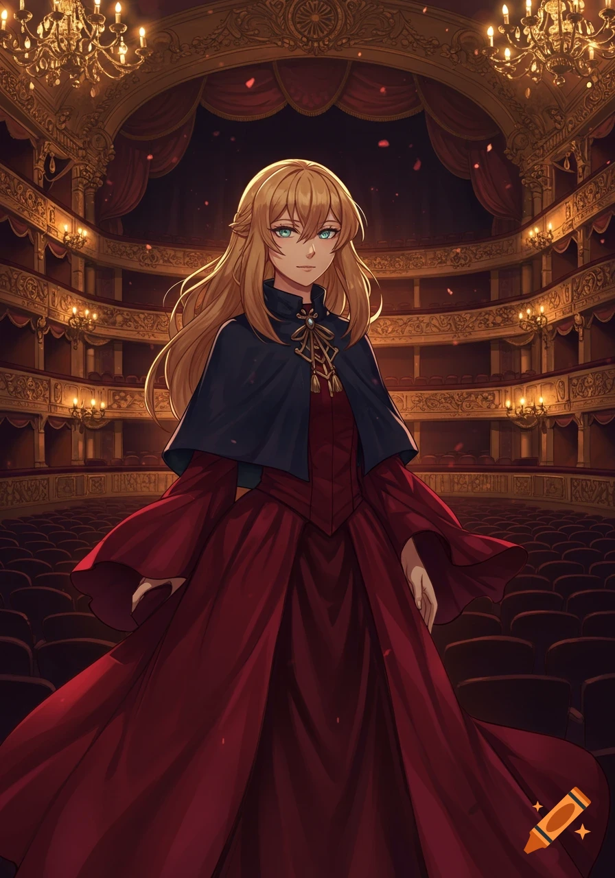 An anime girl with long blonde hair and teal eyes wears a red dress and a dark cloak, standing in an ornate, empty opera house.