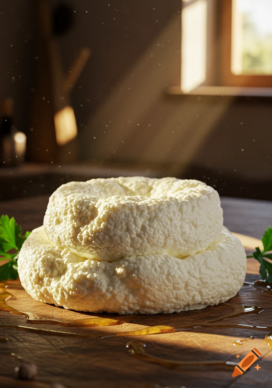 A stack of two white, textured cheeses (requesón) on a wooden board with honey drizzles, lit by sunlight.