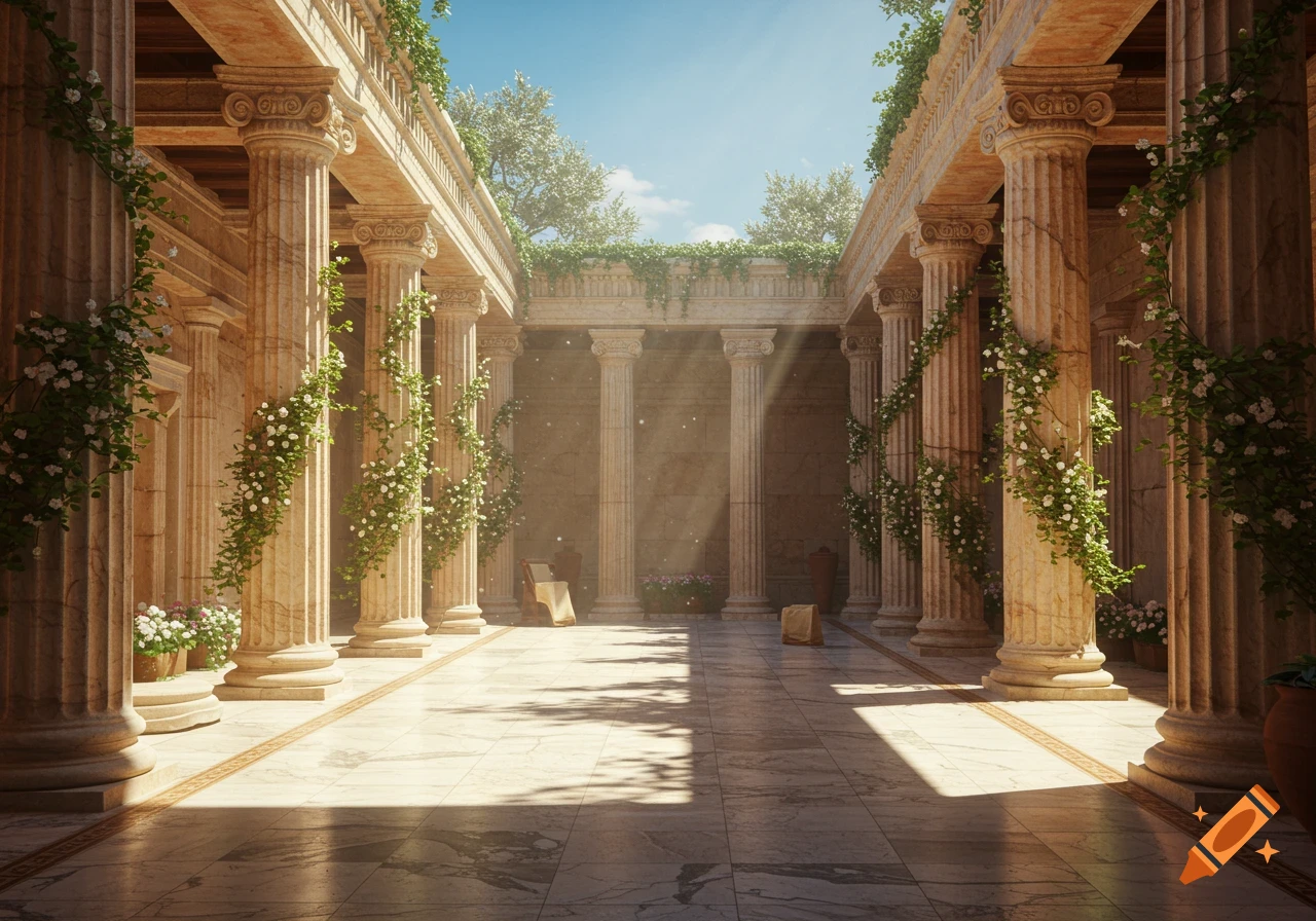 A sunny ancient courtyard with fluted columns, green vines, white flowers, and dappled sunlight on a marble floor.