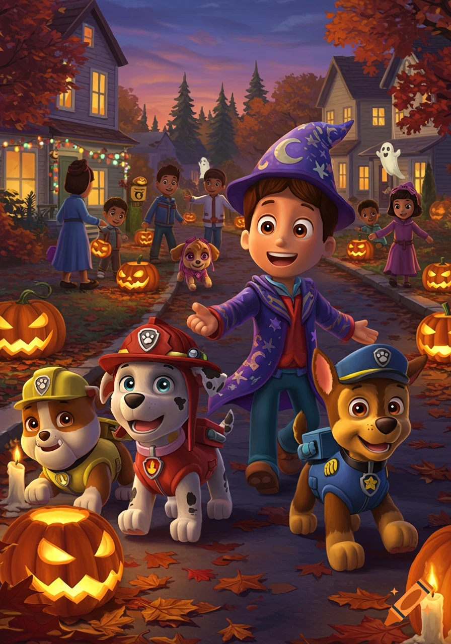 Paw Patrol characters Ryder, Marshall, Chase, Rubble, and Skye trick-or-treating with children on a Halloween street filled with jack-o'-lanterns.