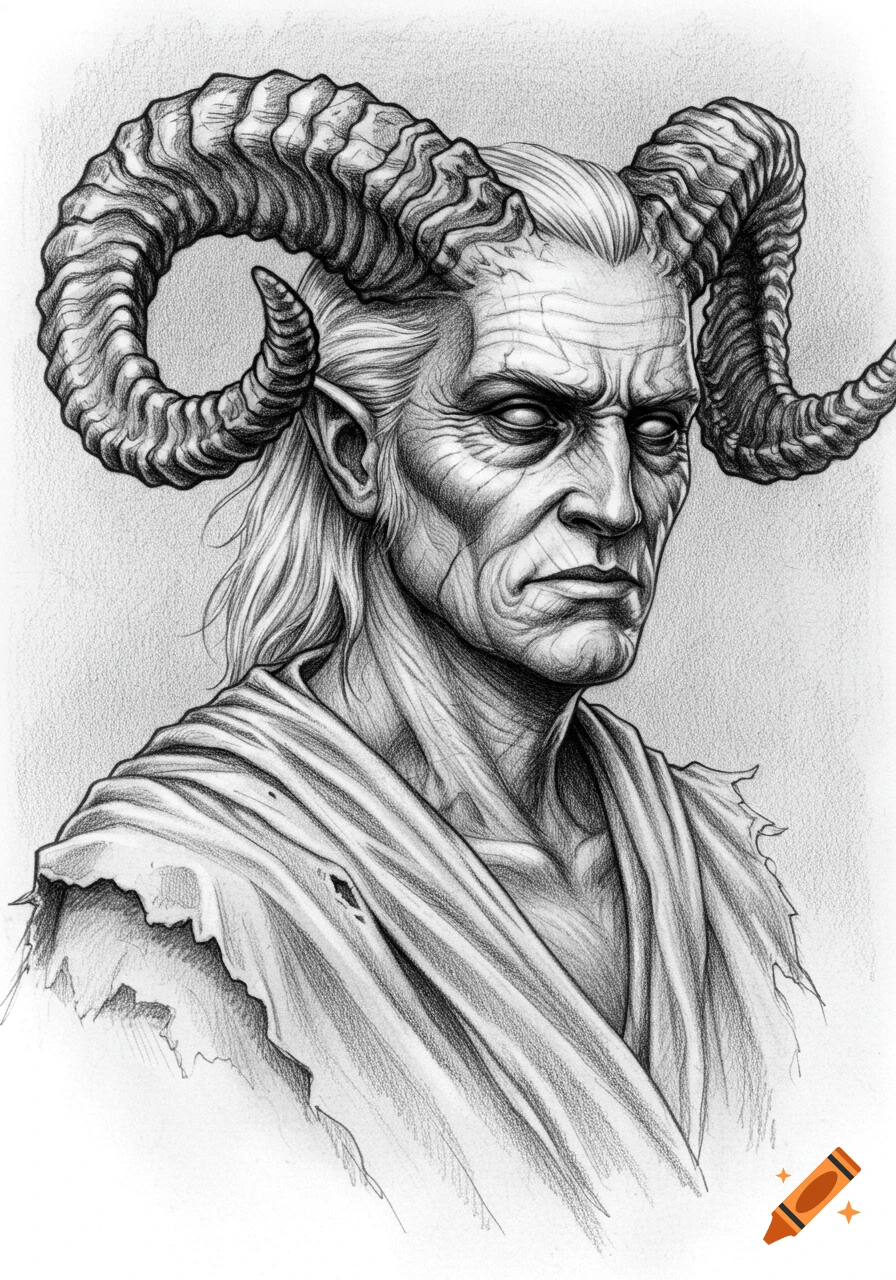 A black and white pencil drawing of a gaunt, aged man with large, curved ram-like horns and flowing white hair, wearing torn robes.