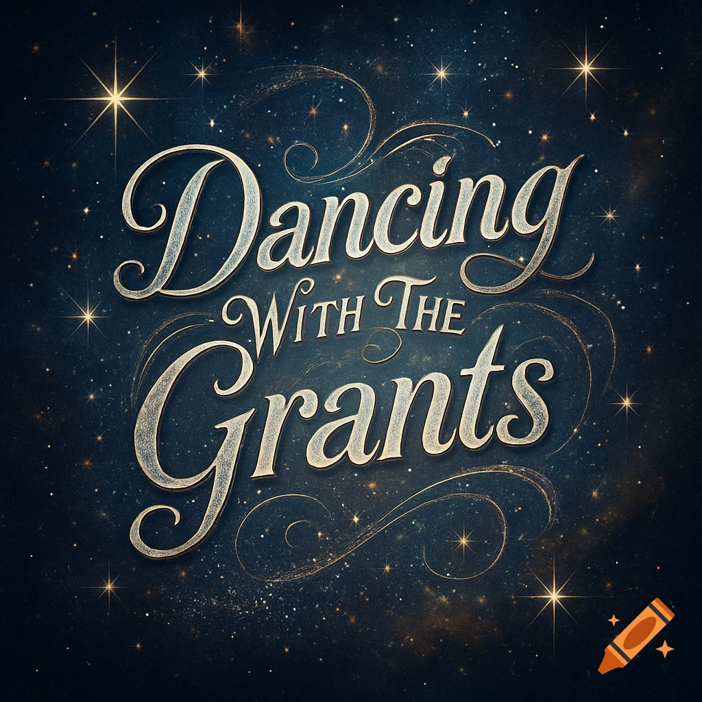 Decorative golden text 'Dancing With The Grants' on a dark blue starry background with sparkling stars.