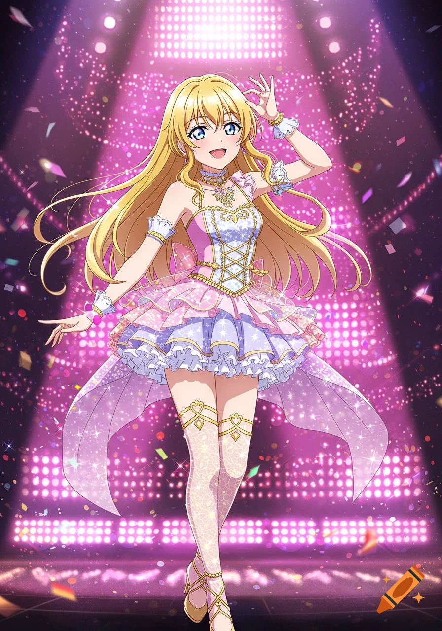 An anime diva girl with long blonde hair in a sparkling pink and white stage costume, posing on a bright pink lit stage with confetti.