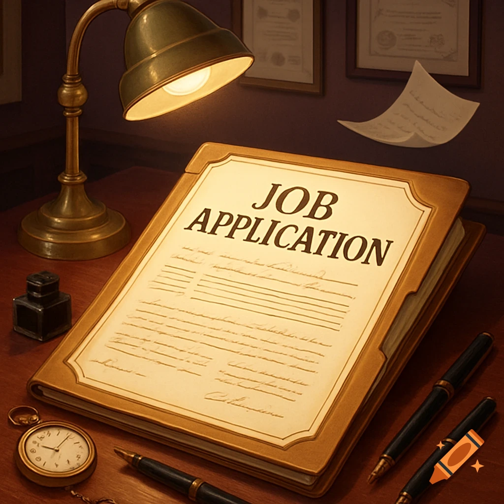 A close-up view of a job application document on a wooden desk, illuminated by a brass desk lamp. Pens, an inkwell, and a pocket watch are also visible.