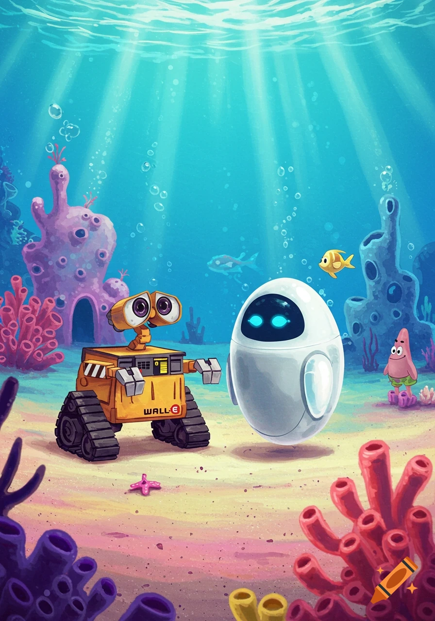 WALL-E and EVE underwater with Patrick Star, surrounded by colorful coral and fish, in a cartoon style.