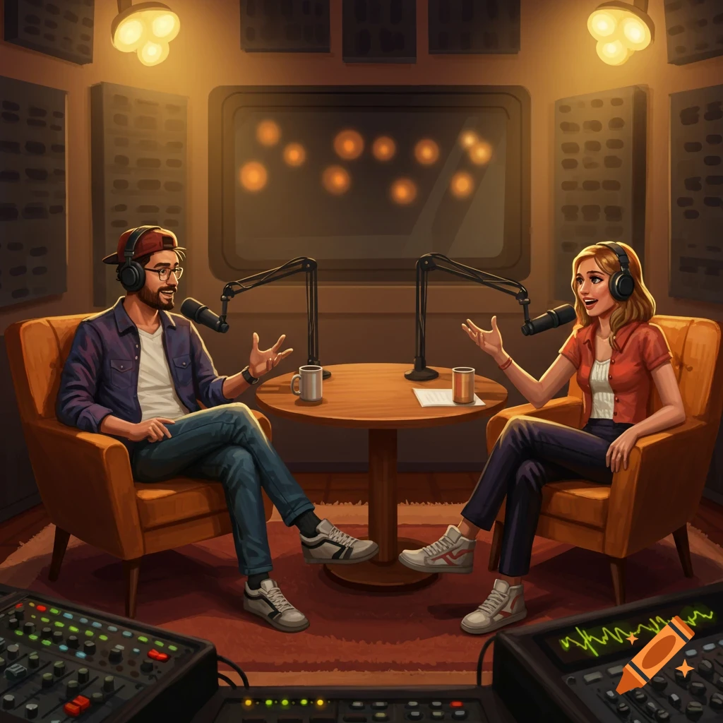 An illustration of a man and a woman podcasting in a cozy studio with microphones, headphones, and audio equipment.