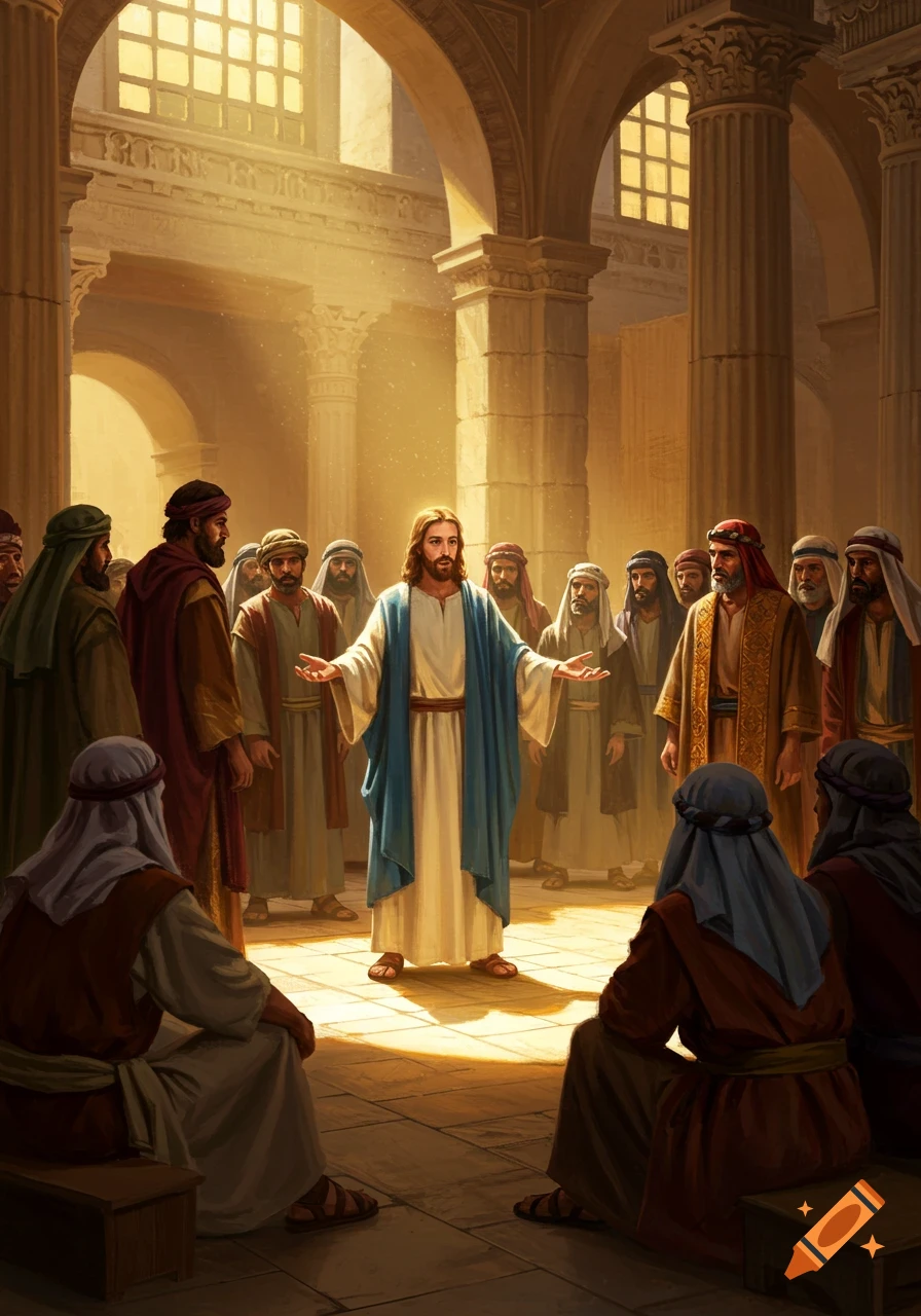 Jesus with outstretched hands speaks to a crowd of people in a sunlit ancient temple with columns.