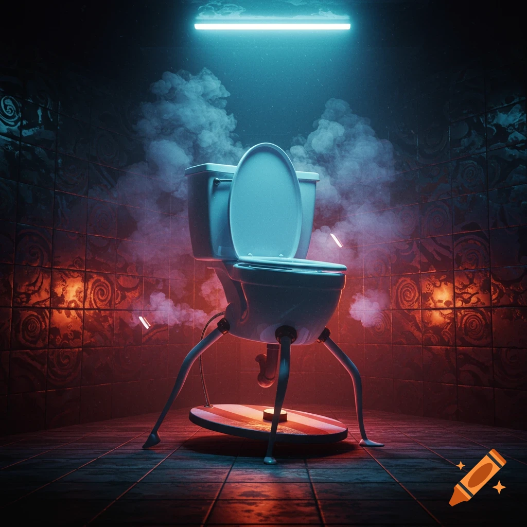 A surreal, dark image of a toilet with legs, standing in a tiled room filled with smoke, illuminated by red and blue neon lights.