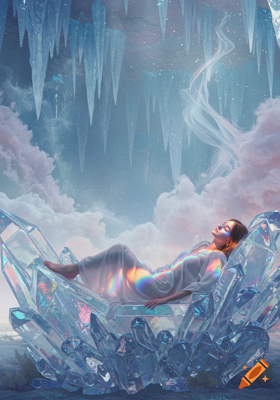 Ethereal woman in a translucent dress reclines on iridescent crystals under a sky with icicles and clouds, with rainbow light.