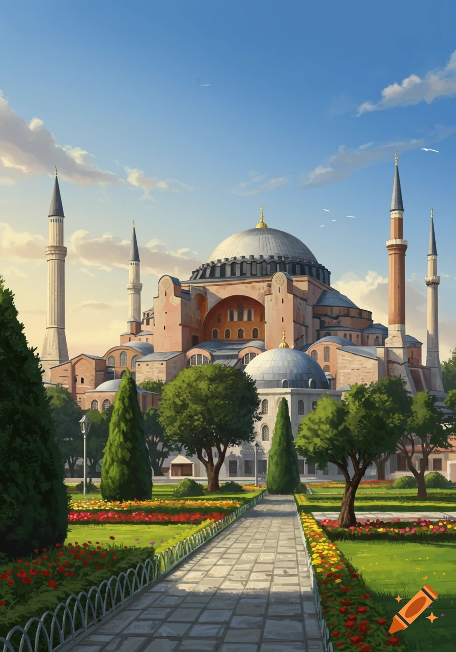 Illustrative view of Hagia Sophia with its dome and minarets, surrounded by a lush garden and pathway under a blue sky.