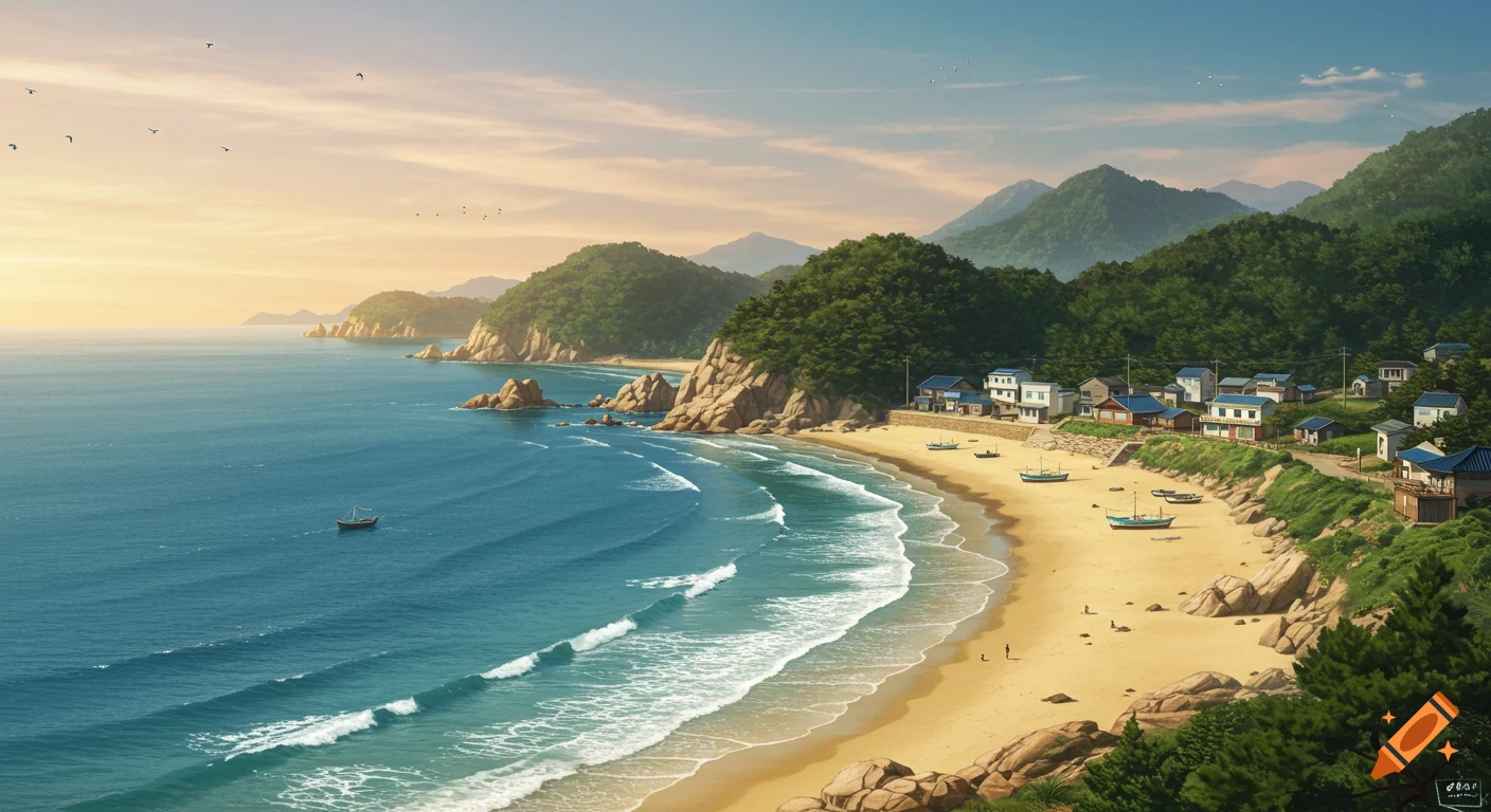 A scenic anime-style coastal landscape with a sandy beach, blue ocean waves, lush green mountains, and a quaint village along the shore.