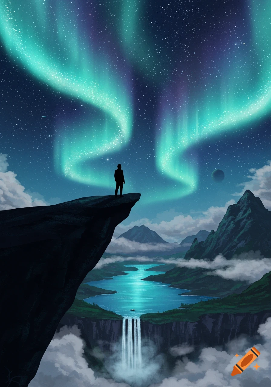 Silhouetted person on a cliff overlooking a fantastical landscape with a lake, waterfall, mountains, and aurora borealis.