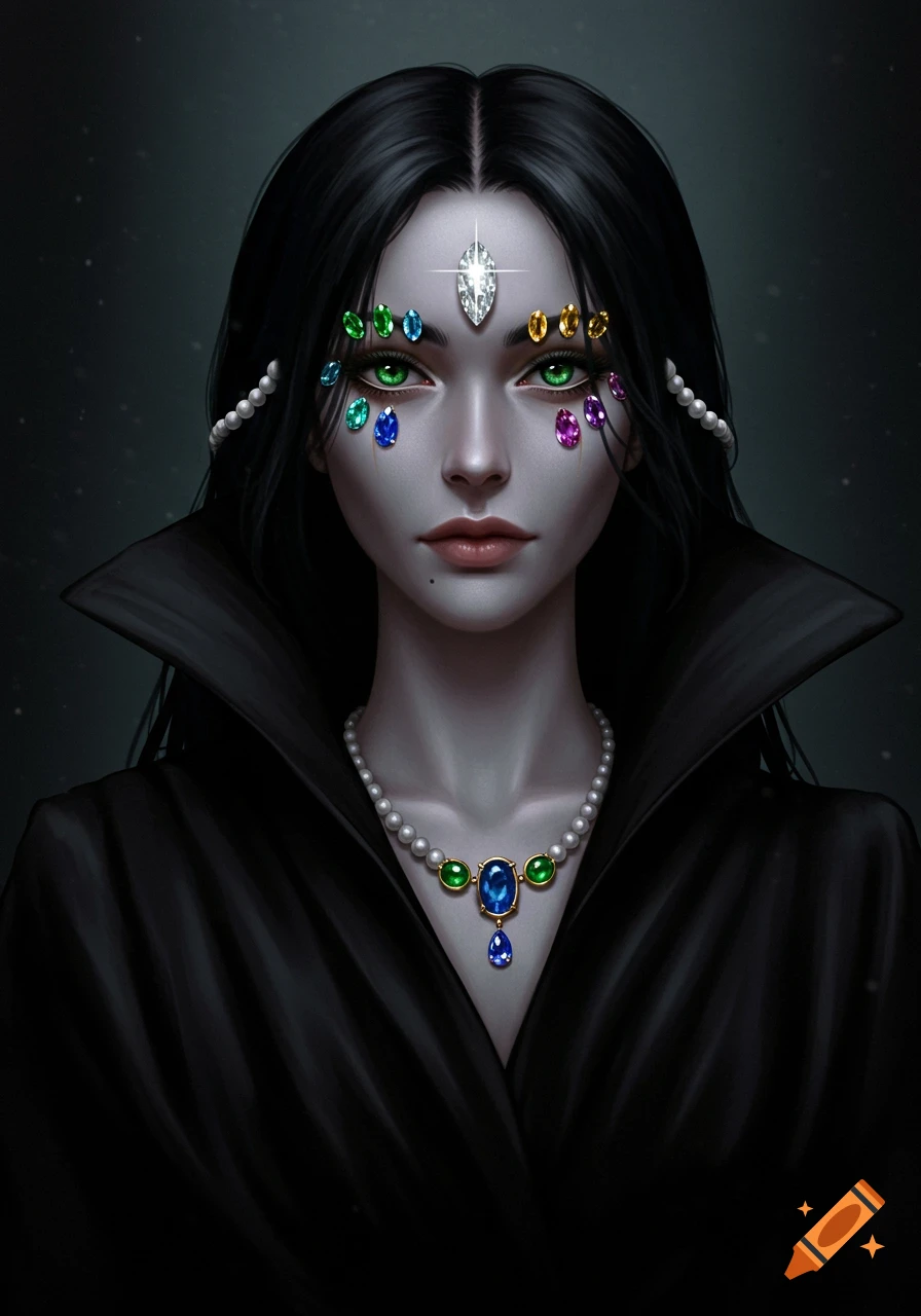 A fantasy portrait of a pale woman with long black hair, green eyes ...