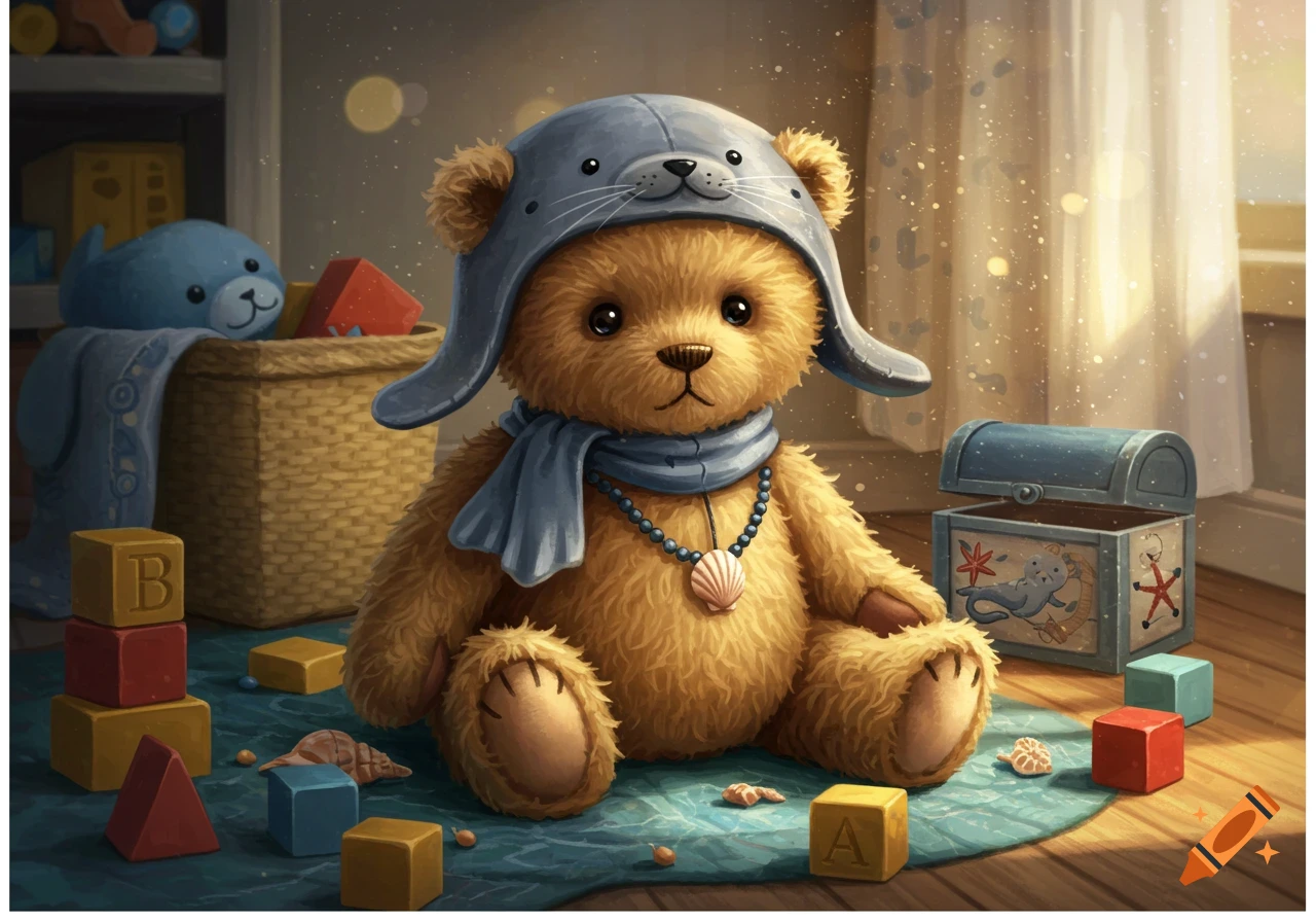A fluffy teddy bear wearing a grey seal hat and blue scarf sits on a rug amidst toys and blocks in a cozy, illustrated room.