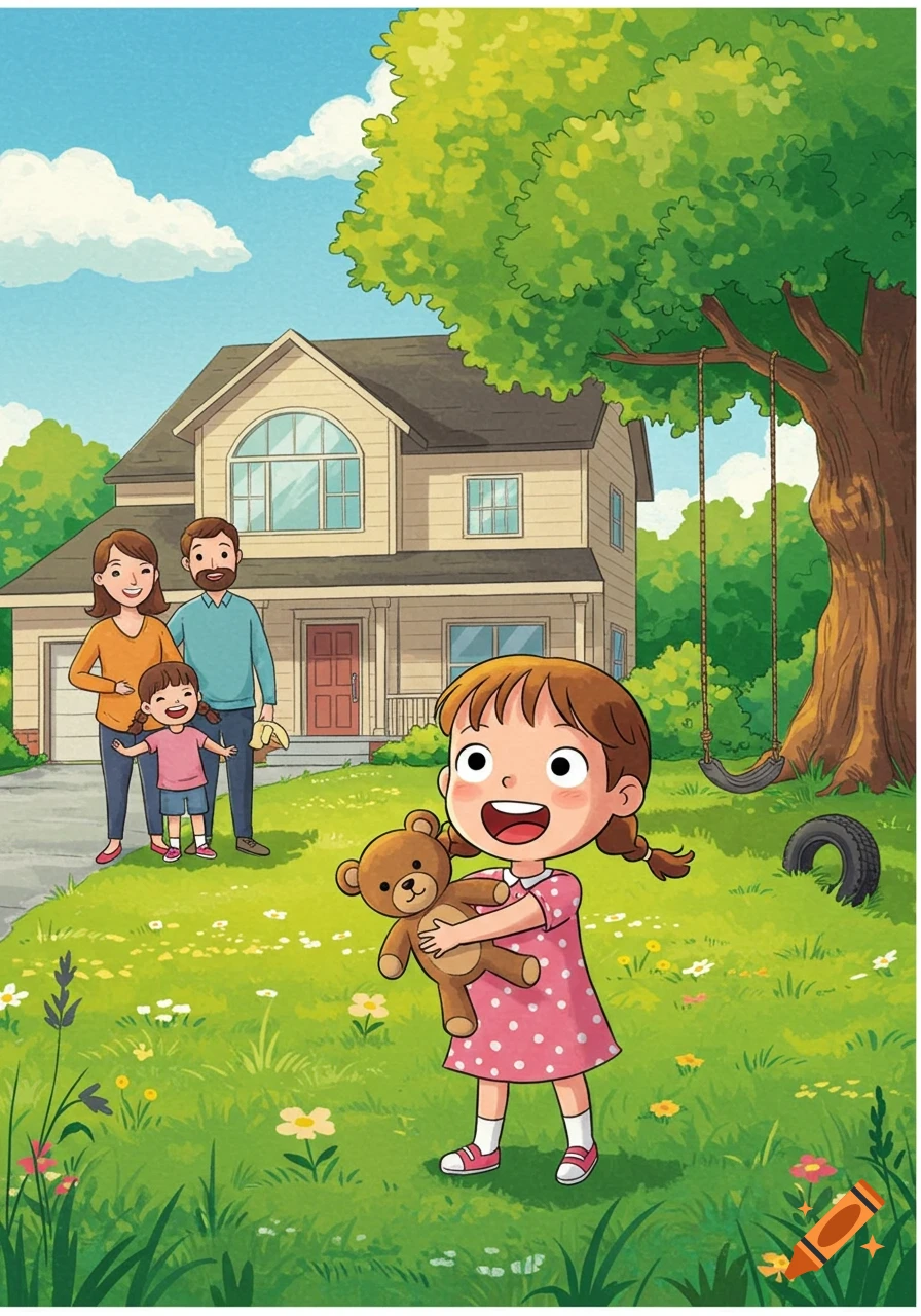 Cartoon image of a happy family in a green yard in front of their house, with a girl holding a teddy bear.