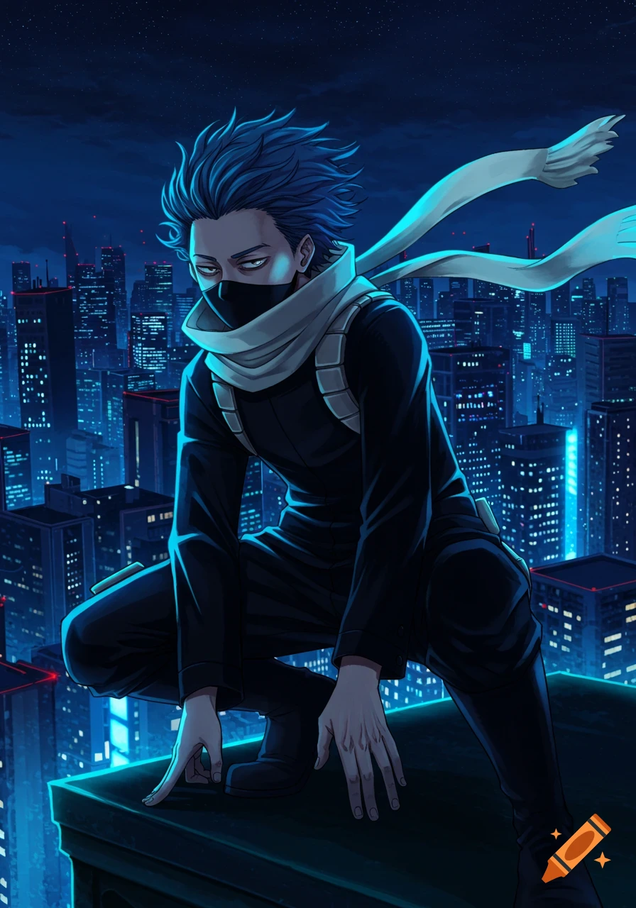 Anime character Hitoshi Shinso from My Hero Academia, with blue hair and a black mask, crouches on a dark city rooftop at night.