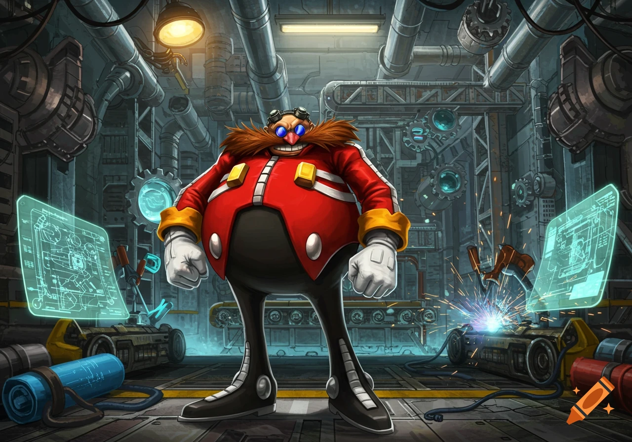 Dr. Eggman stands grinning in a cluttered industrial workshop with glowing holographic screens displaying blueprints, welding sparks fly on the right.