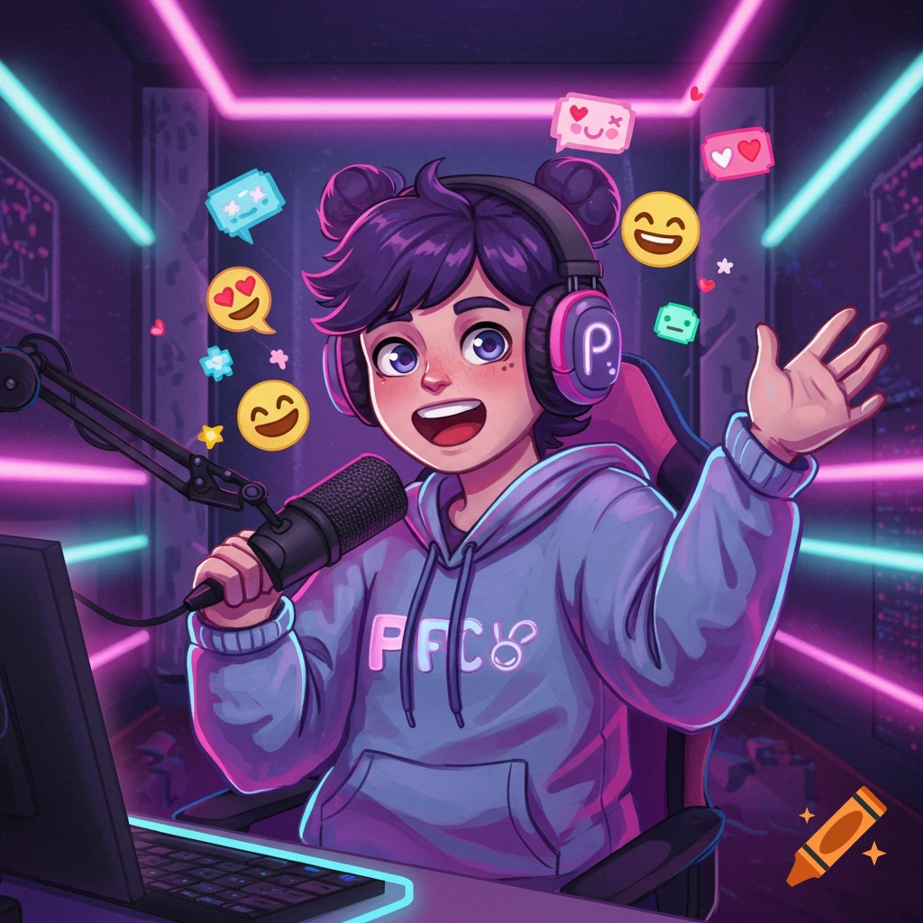 A vibrant anime-style character in a neon-lit room, wearing headphones and a hoodie, speaking into a microphone with emojis floating around.