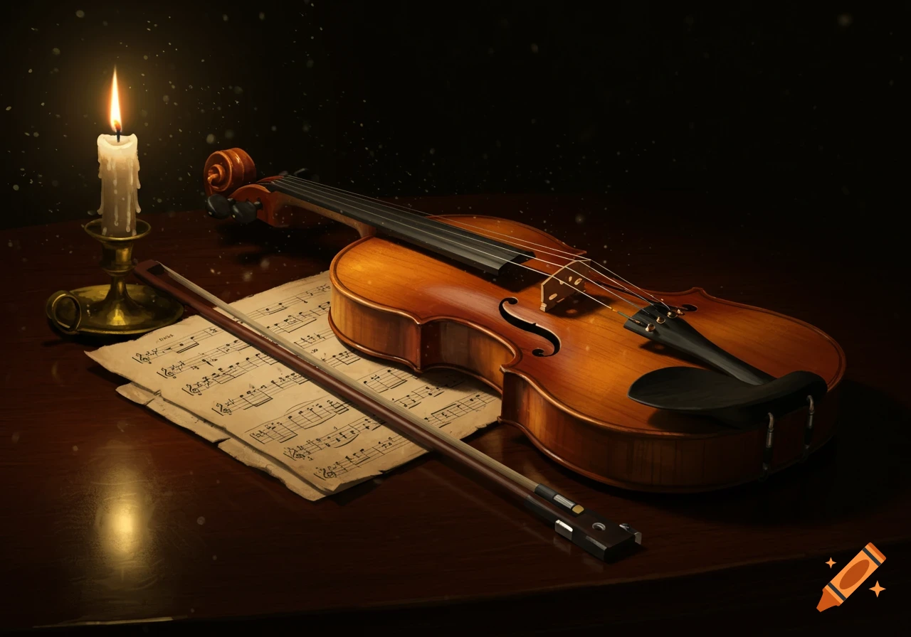 A photorealistic still life featuring a violin, bow, and sheet music illuminated by a single candle on a dark wooden table.