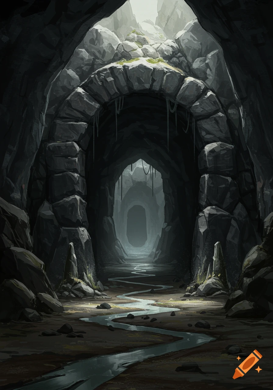 A dark cavern entrance with a stone archway, a winding stream, and light illuminating the path.