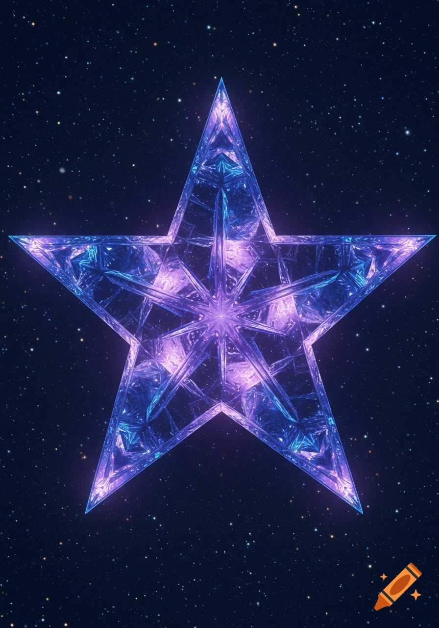 A luminous, multifaceted blue and purple crystal star floats in a dark, starry night sky.
