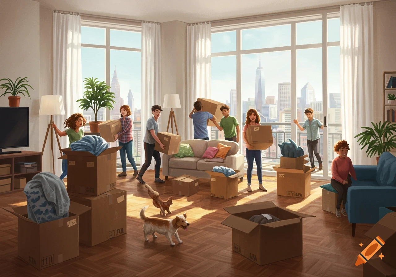 An illustration of people moving into a bright apartment with a city view, surrounded by boxes, a dog, and a cat.