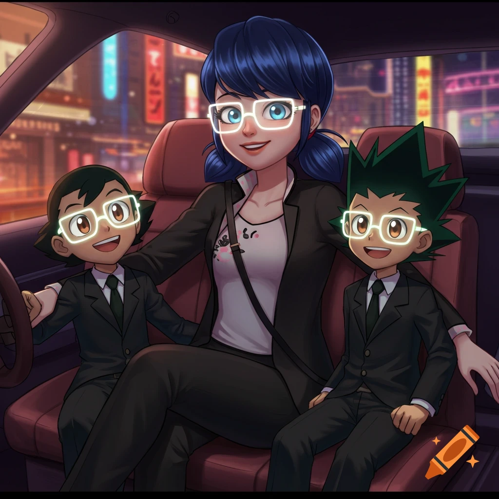 Marinette Dupain-Cheng, Ash Ketchum, and Gon Freecss in a car at night, wearing suits and glowing glasses, smiling.