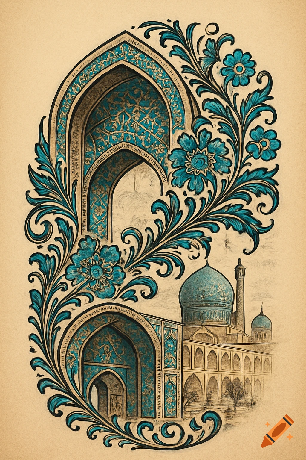 An ornamental archway with turquoise floral patterns framing a sketch of a mosque with a blue dome, on a beige background.