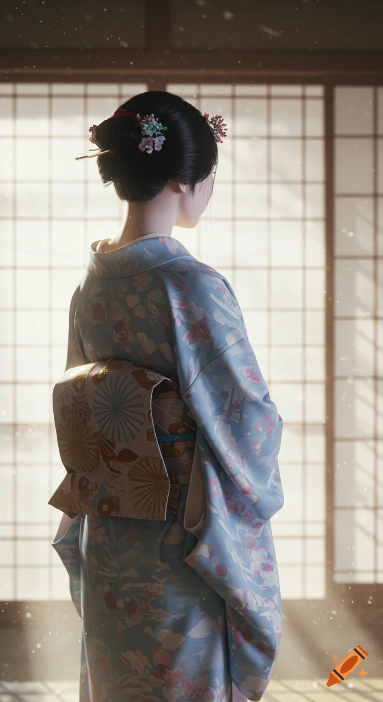 3D watercolor of a Japanese woman in a floral kimono, seen from behind, standing before a sunlit shoji screen.
