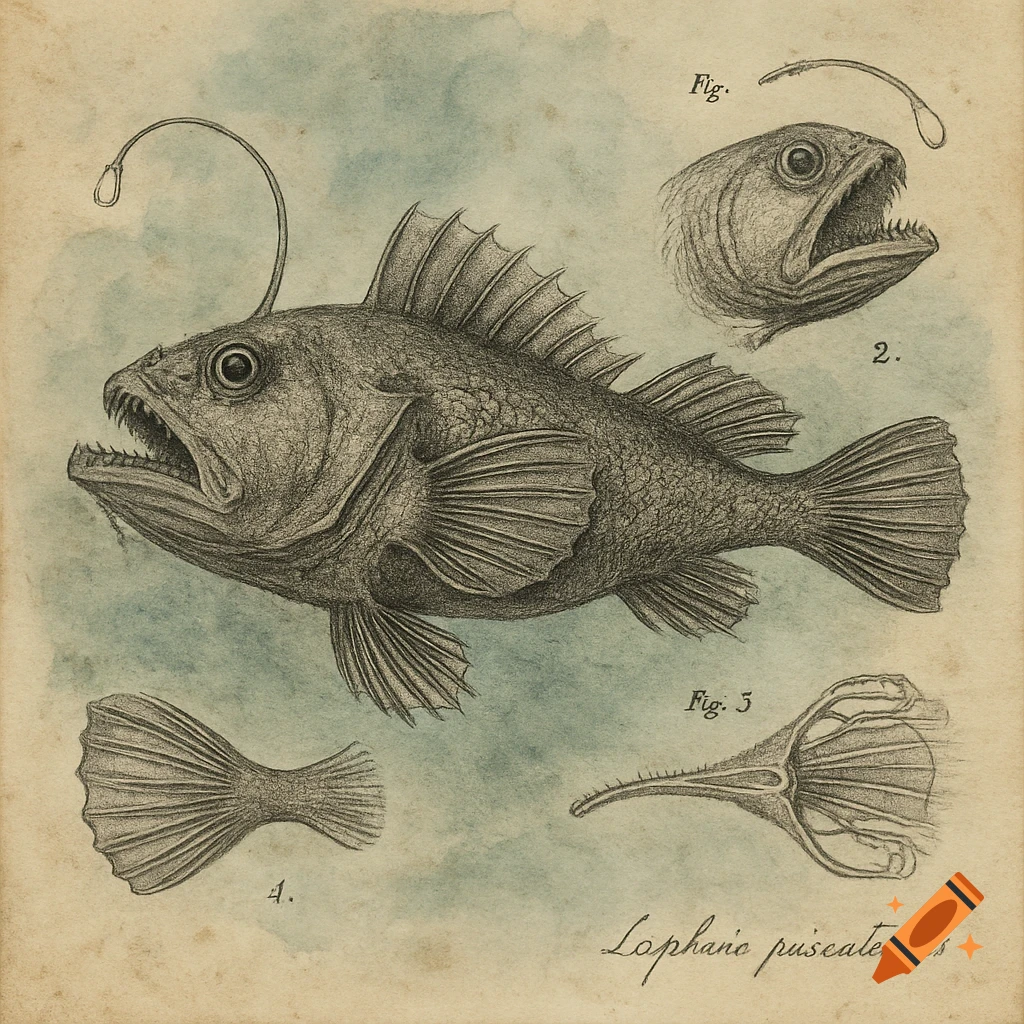 Highly detailed 19th-century lithograph of a deep-sea anglerfish, with smaller studies of its head and fins, on aged paper.