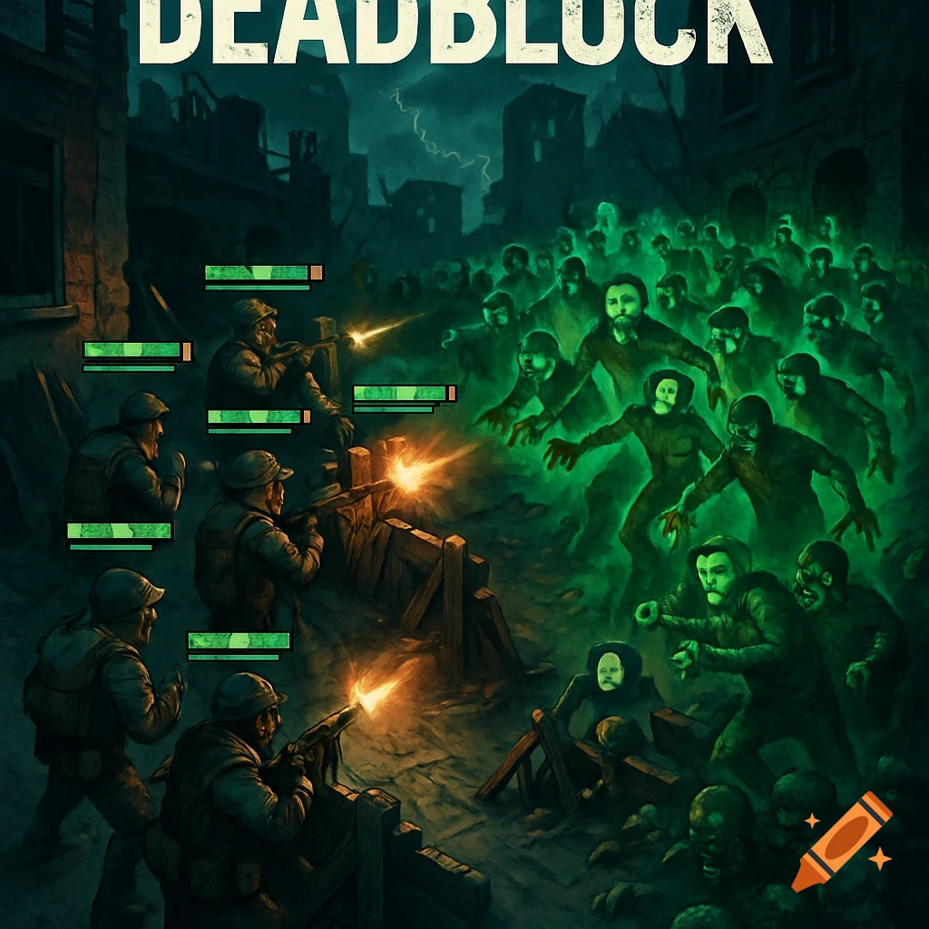 Game art for "DEADBLOCK" showing soldiers defending against a horde of glowing green zombies in a dark, destroyed city street.