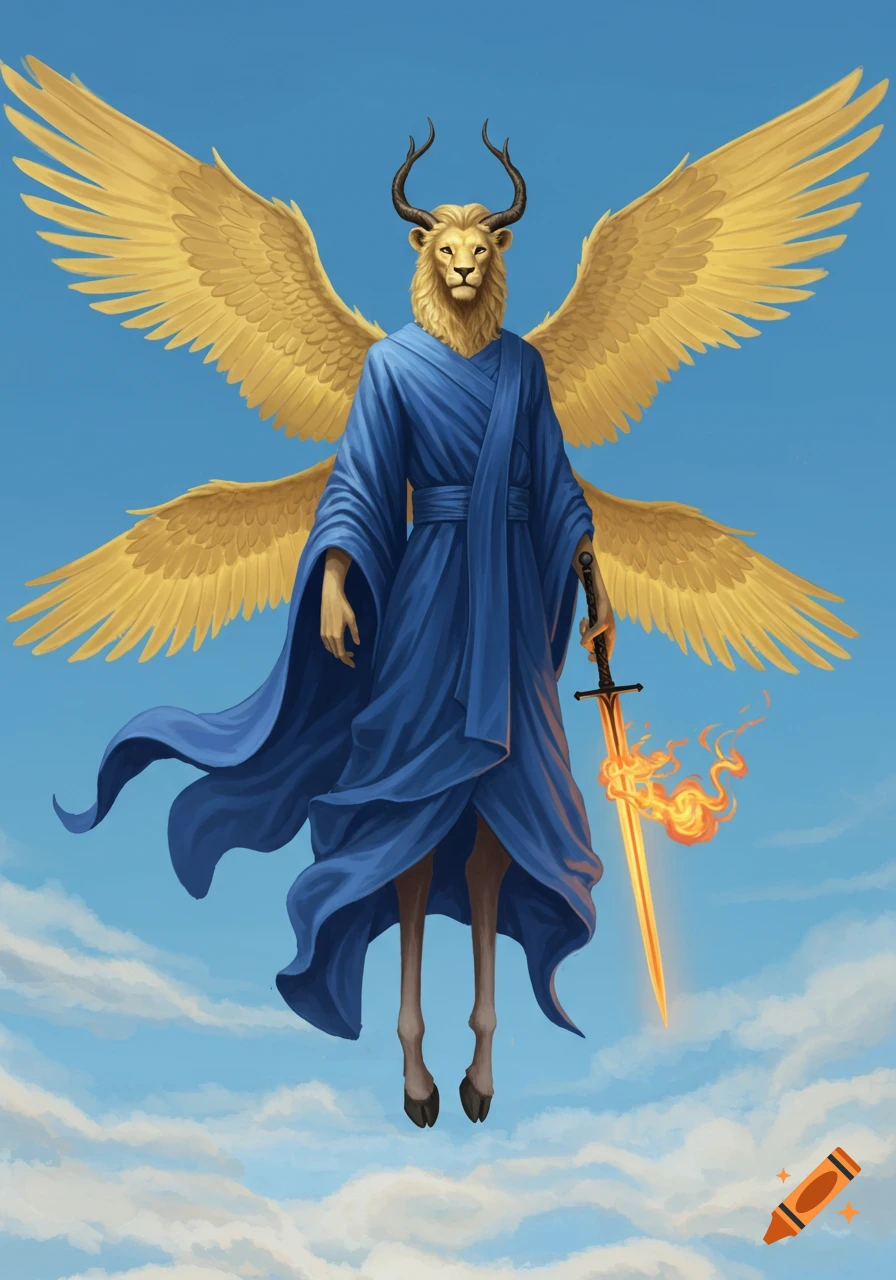 A winged humanoid with a lion's head, horns, deer legs, and blue robes floats in a blue sky, holding a flaming sword.