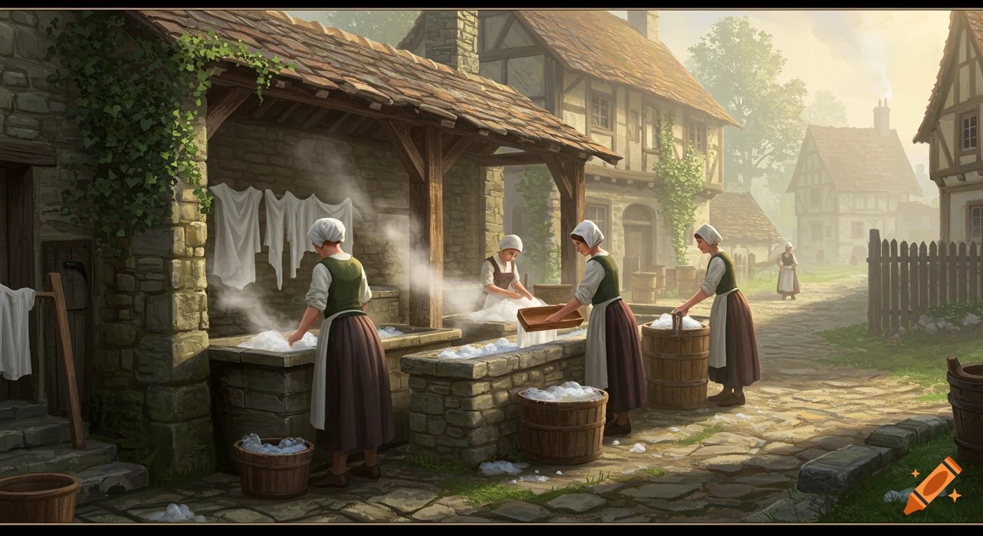 Laundresses washing clothes with steam rising from the water in a traditional medieval village washhouse.