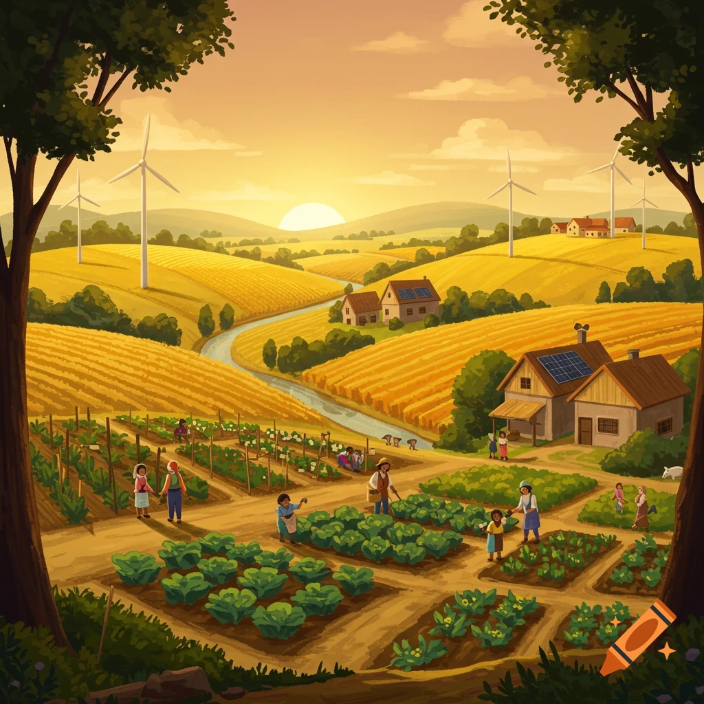 Vibrant illustration of a sustainable farm with people working, houses with solar panels, and wind turbines under a sunset.